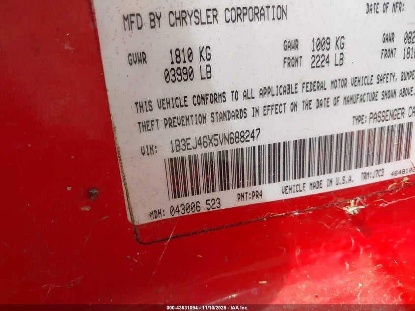 1997 Dodge Stratus VIN: 1B3EJ46X5VN688247 Lot: 43631094