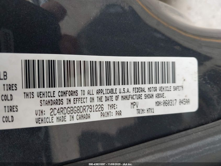 2013 Dodge Grand Caravan Se VIN: 2C4RDGBG8DR791226 Lot: 43631097