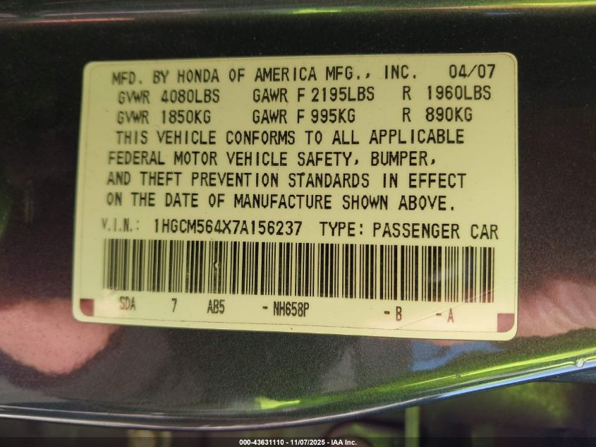 2007 Honda Accord 2.4 Lx VIN: 1HGCM564X7A156237 Lot: 43631110