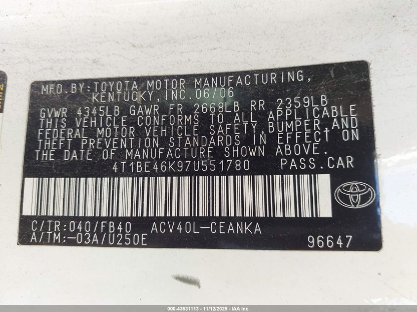 2007 Toyota Camry Le VIN: 4T1BE46K97U551780 Lot: 43631113