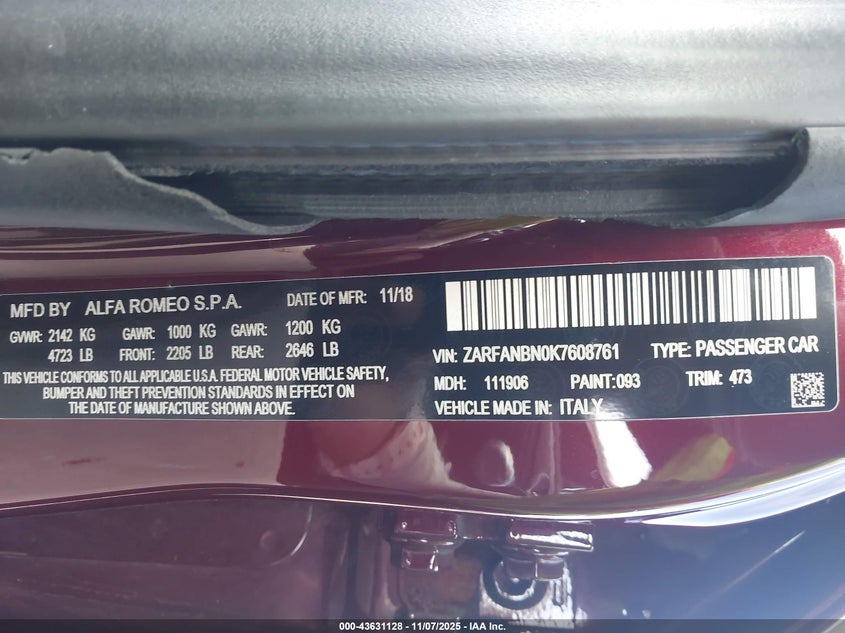 2019 ALFA ROMEO GIULIA TI SPORT AWD - ZARFANBN0K7608761