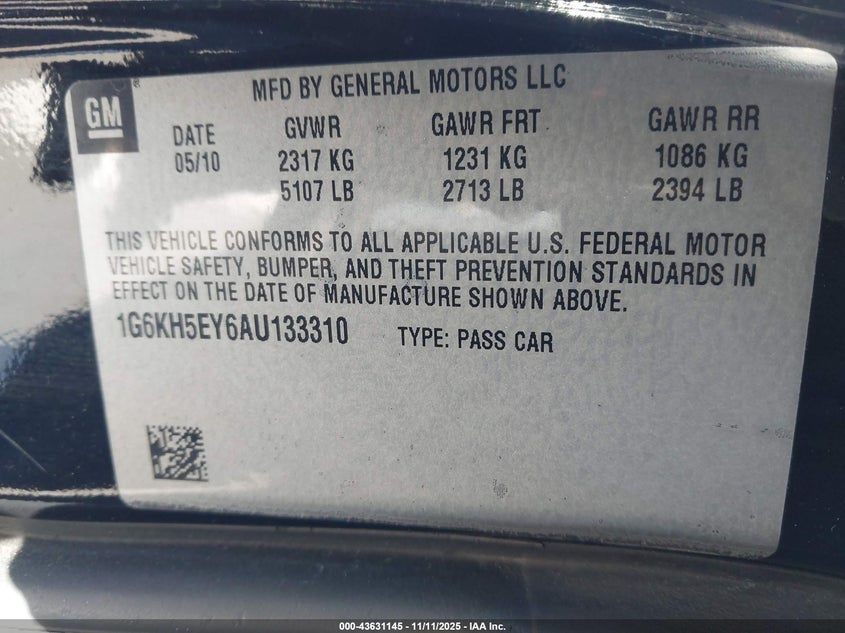 2010 Cadillac Dts Premium Collection VIN: 1G6KH5EY6AU133310 Lot: 43631145