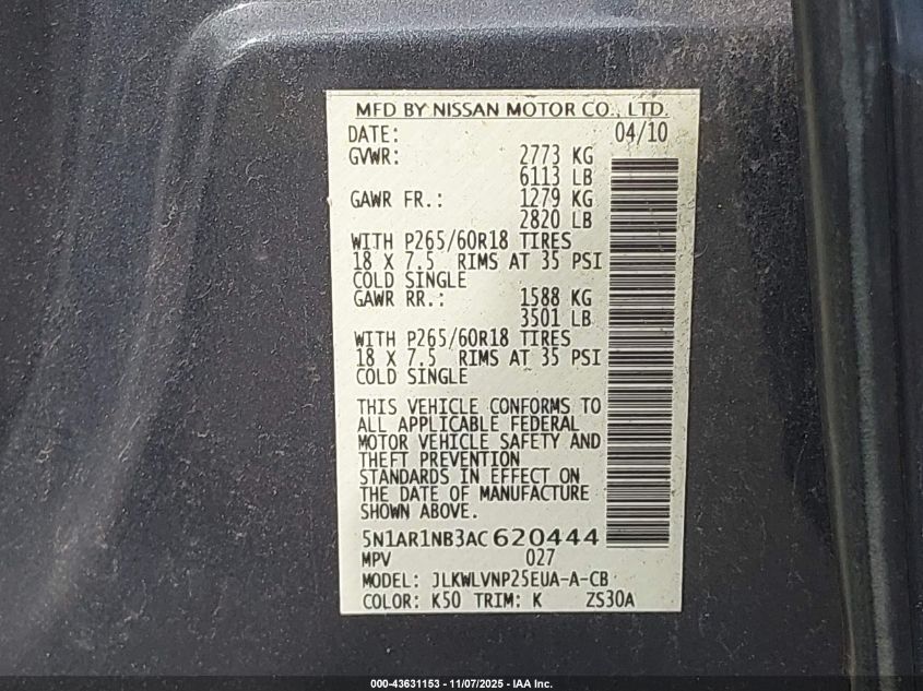 2010 Nissan Pathfinder Le VIN: 5N1AR1NB3AC620444 Lot: 43631153