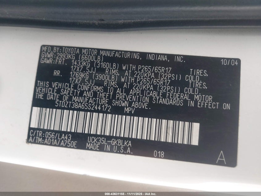 2005 Toyota Sequoia Limited V8 VIN: 5TDZT38A65S244172 Lot: 43631155