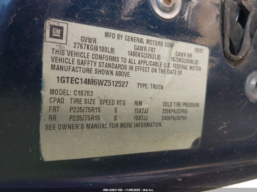 1998 GMC Sierra 1500 Sl Sportside VIN: 1GTEC14M6WZ512527 Lot: 43631160