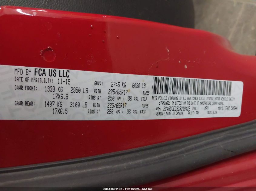 2016 Dodge Grand Caravan R/T VIN: 2C4RDGEG9GR219422 Lot: 43631162