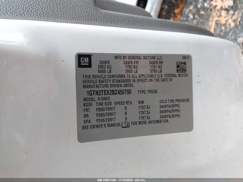 2011 GMC Sierra 1500 Work Truck VIN: 1GTN2TEX2BZ456796 Lot: 43631164