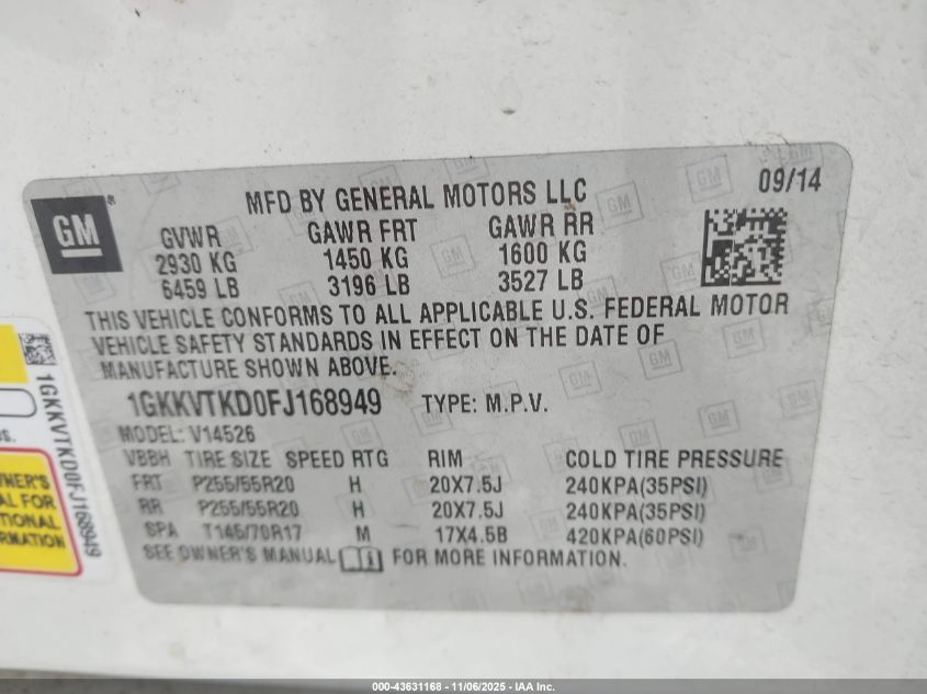 2015 GMC Acadia Denali VIN: 1GKKVTKD0FJ168949 Lot: 43631168