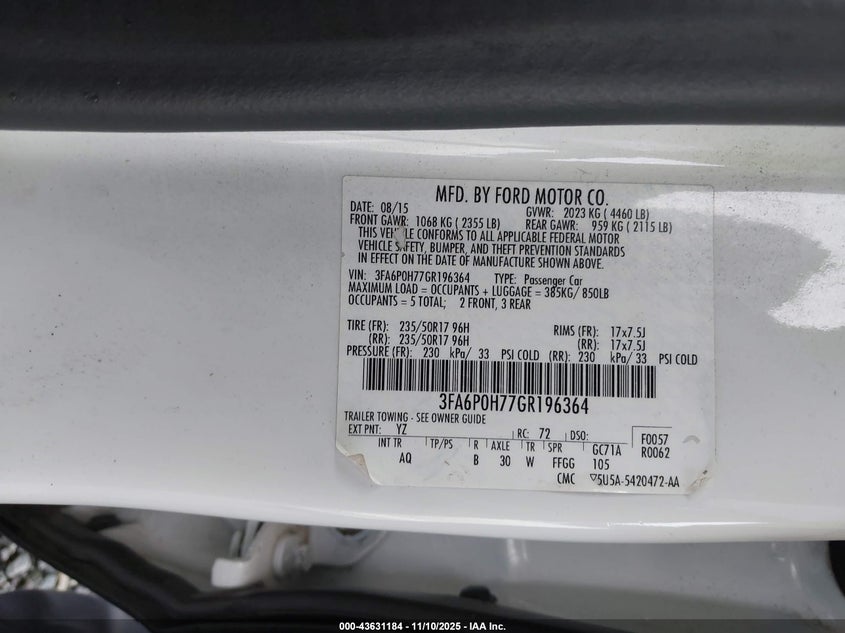 2016 Ford Fusion Se VIN: 3FA6P0H77GR196364 Lot: 43631184