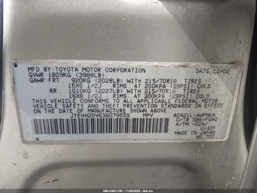 2003 Toyota Rav4 VIN: JTEHH20V636079559 Lot: 43631190