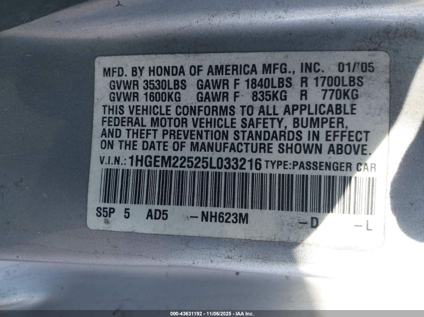 2005 Honda Civic Lx VIN: 1HGEM22525L033216 Lot: 43631192