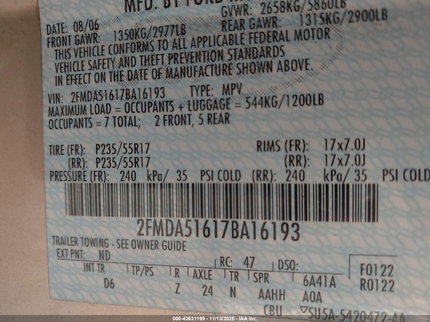 2007 Ford Freestar Se VIN: 2FMDA51617BA16193 Lot: 43631199