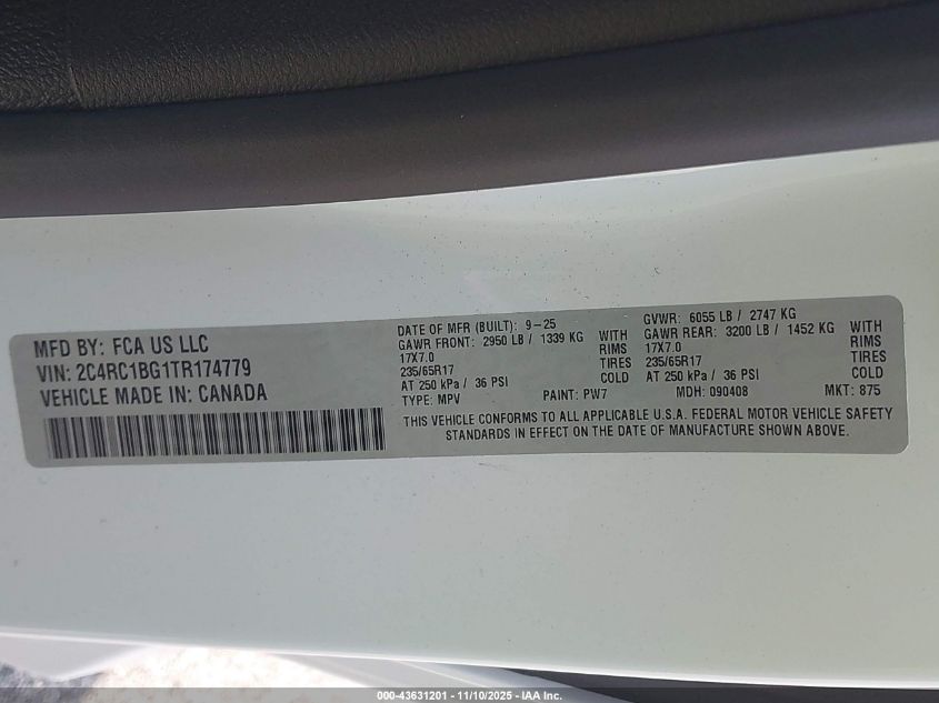 2026 Chrysler Pacifica Select VIN: 2C4RC1BG1TR174779 Lot: 43631201