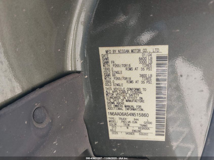 2004 Nissan Titan Le VIN: 1N6AA06A54N515860 Lot: 43631207