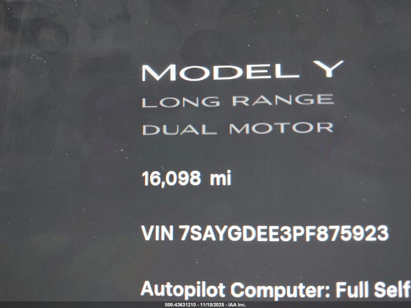 2023 Tesla Model Y Awd/Long Range Dual Motor All-Wheel Drive VIN: 7SAYGDEE3PF875923 Lot: 43631210