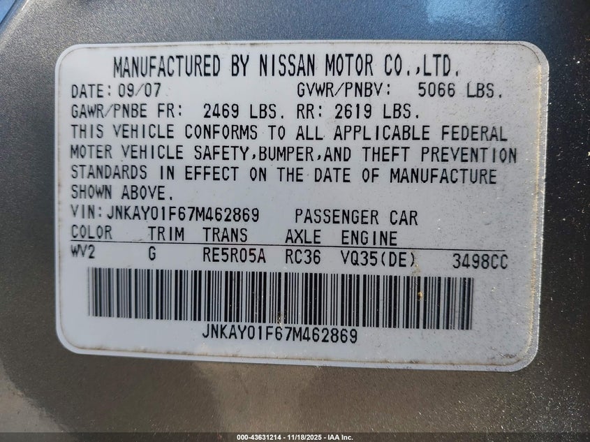 2007 Infiniti M35X VIN: JNKAY01F67M462869 Lot: 43631214