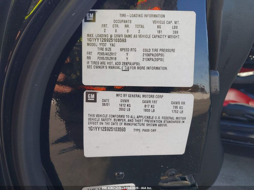 2002 Chevrolet Corvette Z06 Hardtop VIN: 1G1YY12S925103593 Lot: 43631218