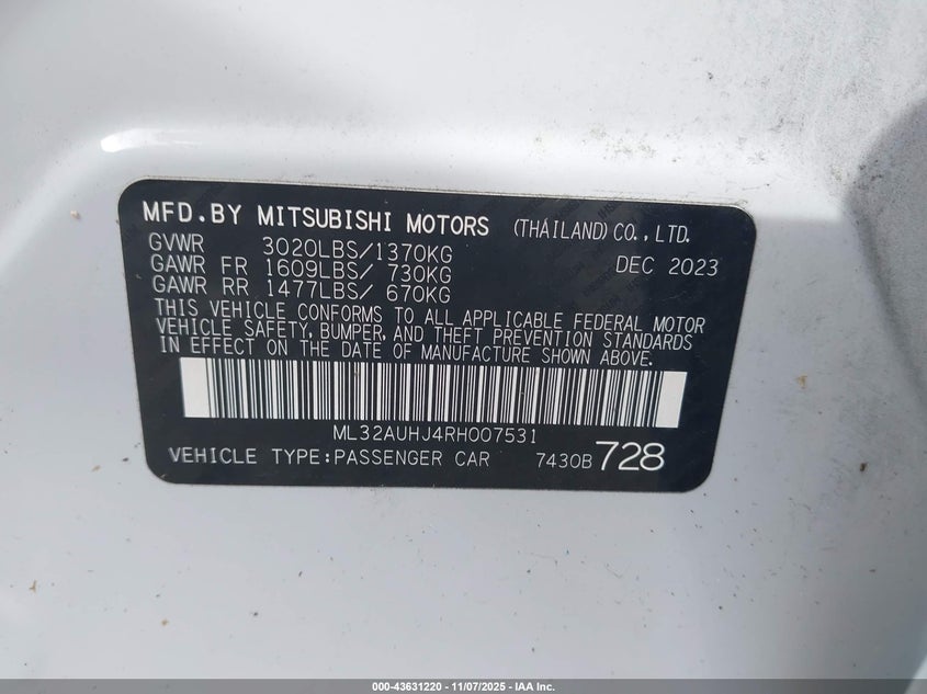 2024 Mitsubishi Mirage Es/Le VIN: ML32AUHJ4RH007531 Lot: 43631220