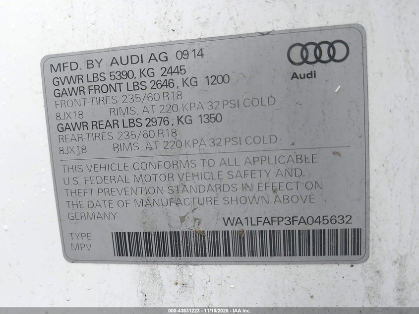 2015 Audi Q5 2.0T Premium VIN: WA1LFAFP3FA045632 Lot: 43631223
