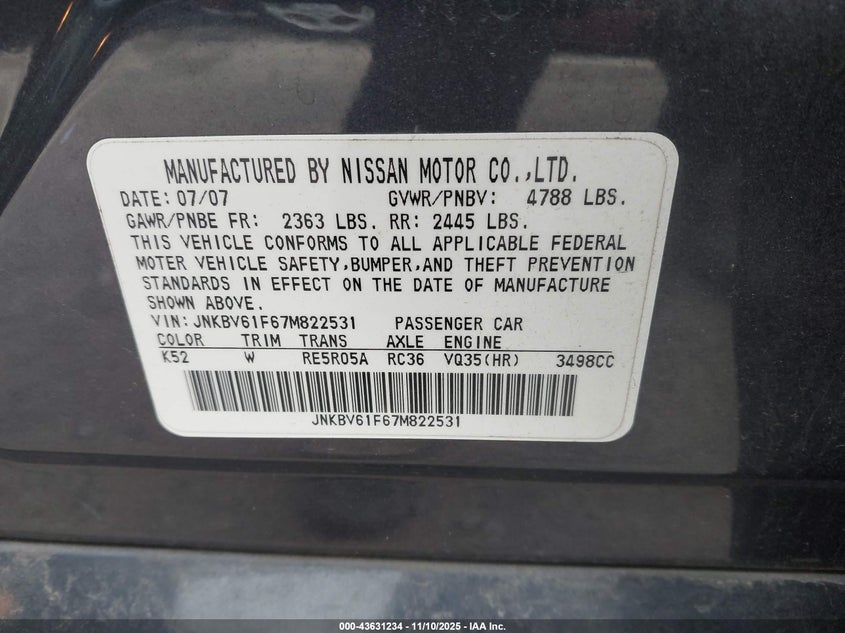 2007 Infiniti G35X VIN: JNKBV61F67M822531 Lot: 43631234