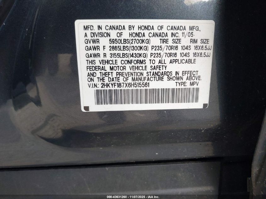 2006 Honda Pilot Ex-L VIN: 2HKYF187X6H515561 Lot: 43631260