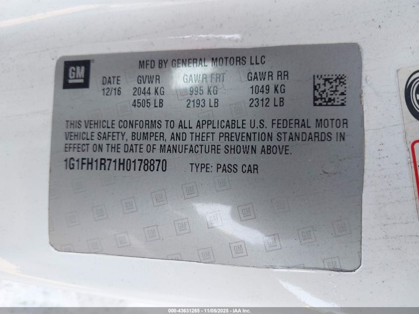 2017 Chevrolet Camaro 2Ss VIN: 1G1FH1R71H0178870 Lot: 43631265