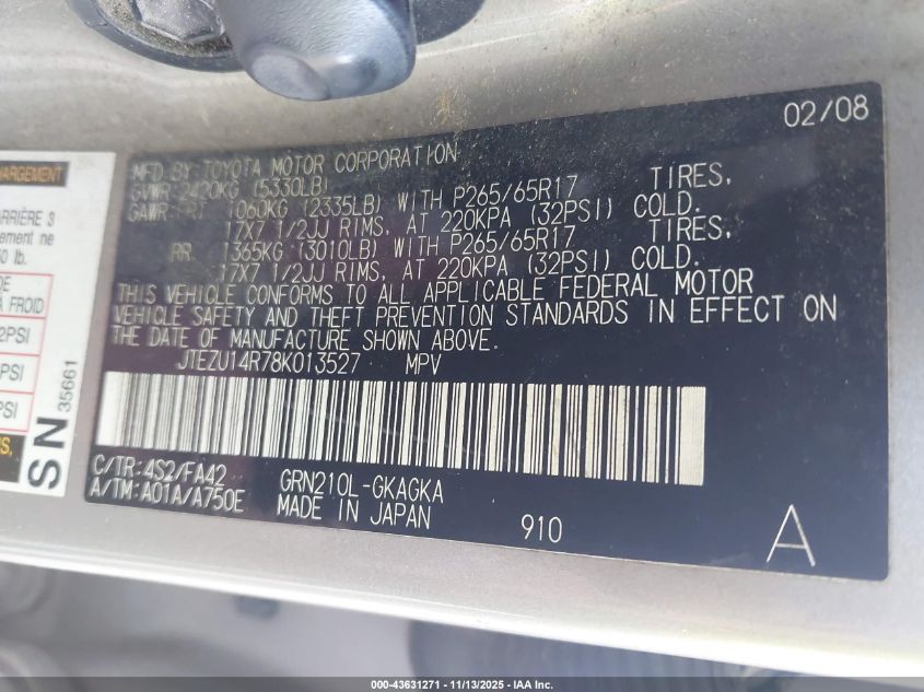 2008 Toyota 4Runner Sr5 V6 VIN: JTEZU14R78K013527 Lot: 43631271