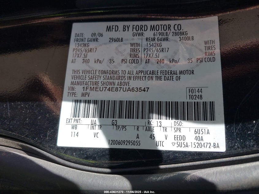 2007 Ford Explorer Eddie Bauer VIN: 1FMEU74E87UA63547 Lot: 43631270