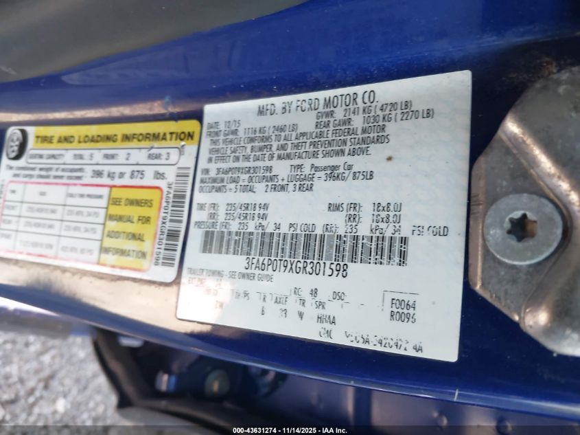 2016 Ford Fusion Se VIN: 3FA6P0T9XGR301598 Lot: 43631274