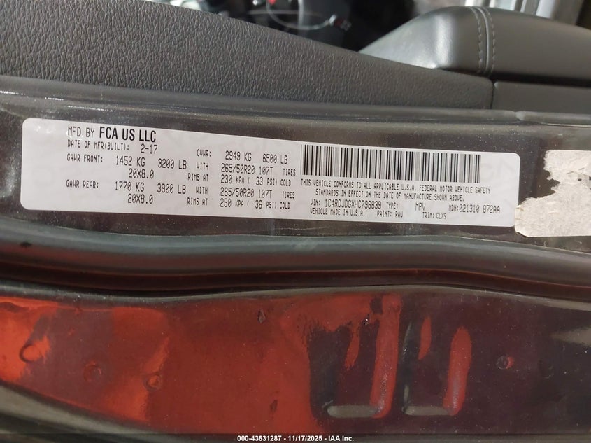 2017 Dodge Durango Gt Awd VIN: 1C4RDJDGXHC796839 Lot: 43631287