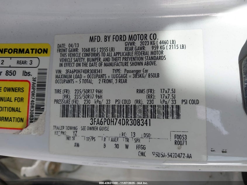 2013 Ford Fusion Se VIN: 3FA6P0H74DR308341 Lot: 43631300