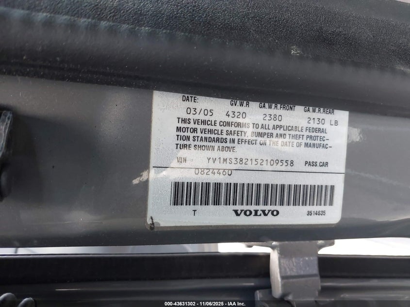 2005 Volvo S40 2.4I VIN: YV1MS382152109558 Lot: 43631302