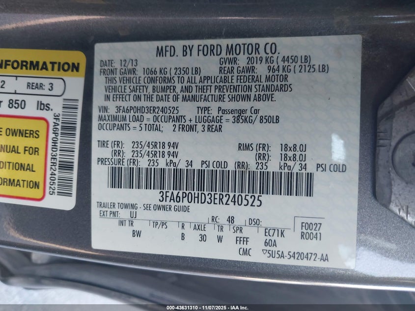 2014 Ford Fusion Se VIN: 3FA6P0HD3ER240525 Lot: 43631310