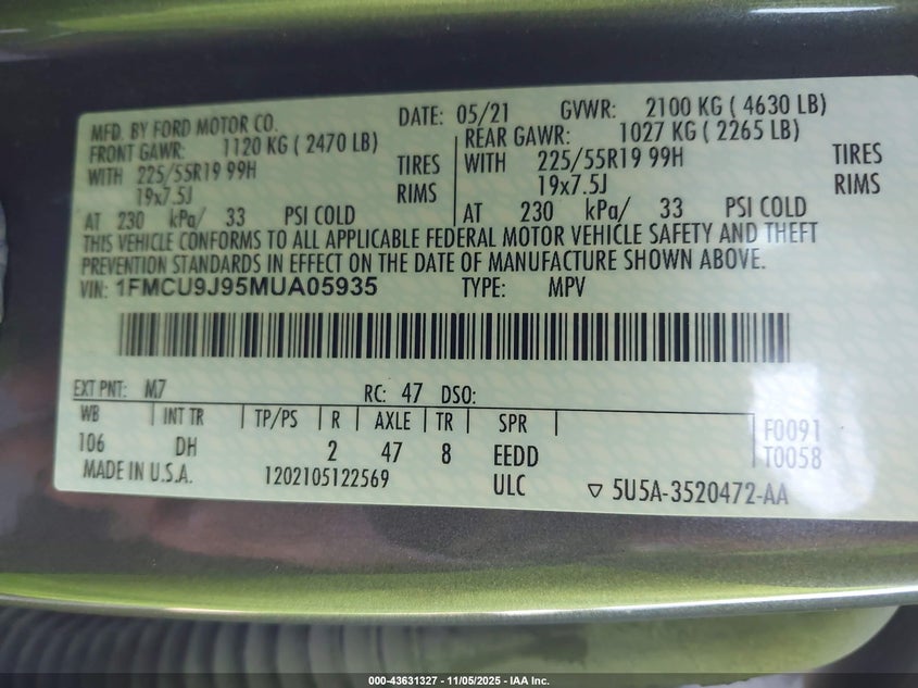 2021 FORD ESCAPE TITANIUM 1FMCU9J95MUA05935