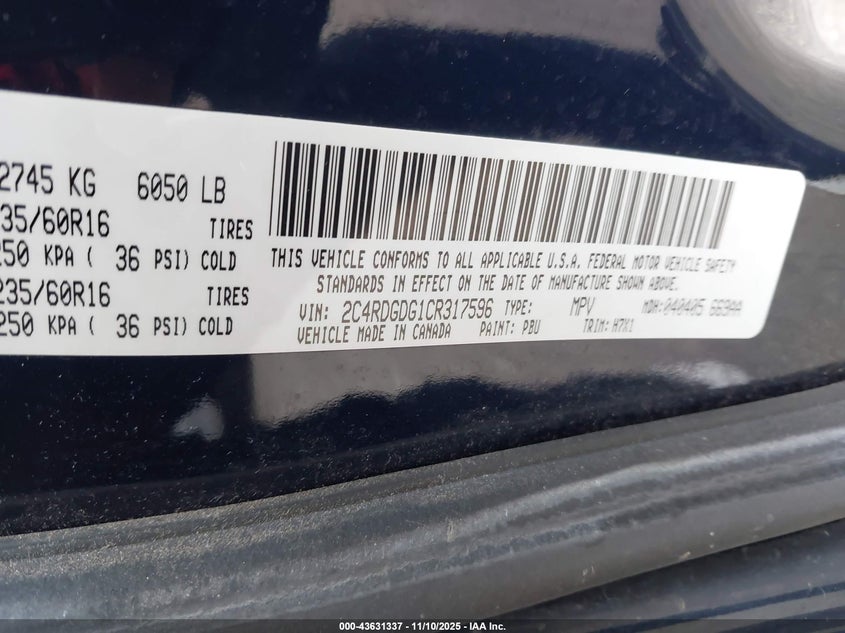 2012 Dodge Grand Caravan Crew VIN: 2C4RDGDG1CR317596 Lot: 43631337