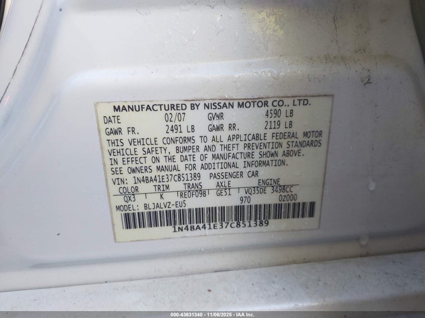 2007 Nissan Maxima 3.5 Se VIN: 1N4BA41E37C851389 Lot: 43631340