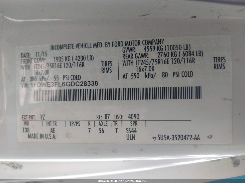 2016 Ford E-350 Cutaway VIN: 1FDWE3FL6GDC28338 Lot: 43631358