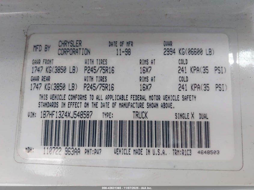 1999 Dodge Ram 1500 St VIN: 1B7HF13Z4XJ548587 Lot: 43631365