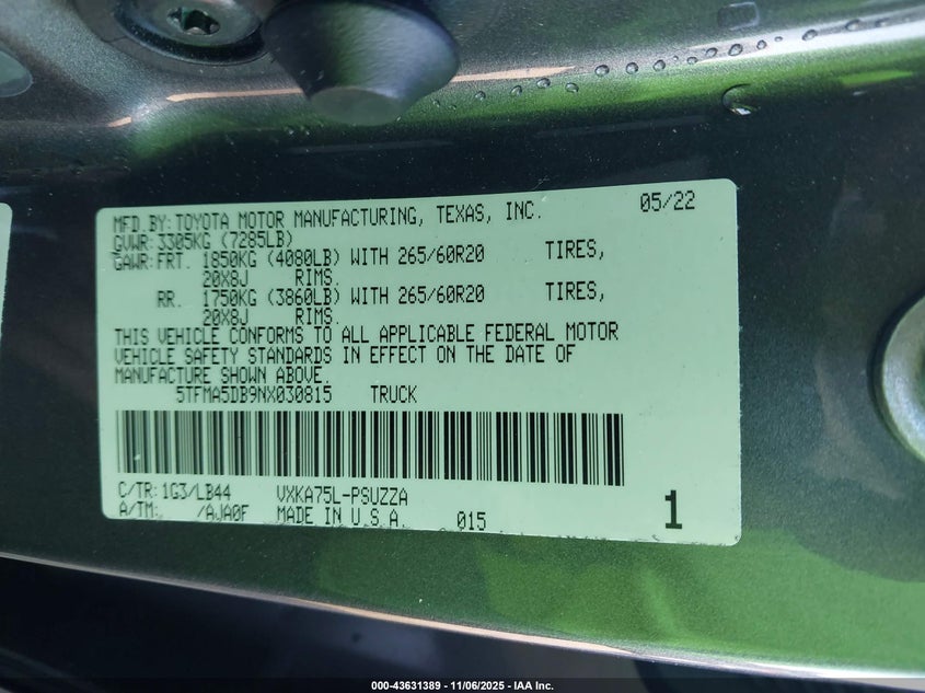 2022 Toyota Tundra 1794 Edition VIN: 5TFMA5DB9NX030815 Lot: 43631389