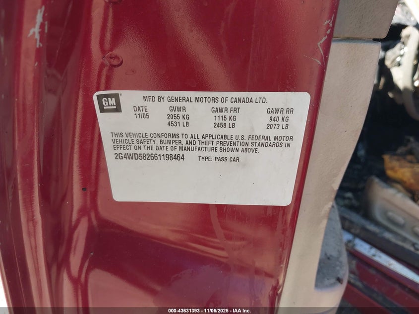 2006 Buick Lacrosse Cxl VIN: 2G4WD582661198464 Lot: 43631393