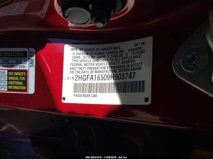 2HGFA16509H503747 2009 HONDA CIVIC photo no. 9