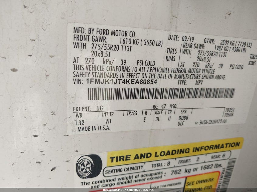 2019 FORD EXPEDITION MAX XLT 1FMJK1JT4KEA80854