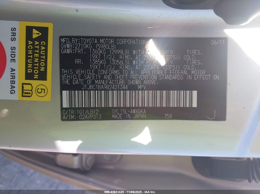 2011 Lexus Rx 450H VIN: JTJBC1BA9B2421344 Lot: 43631426