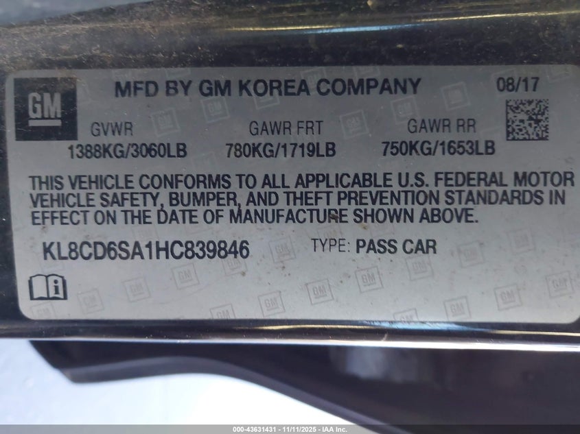 2017 Chevrolet Spark 1Lt Cvt VIN: KL8CD6SA1HC839846 Lot: 43631431