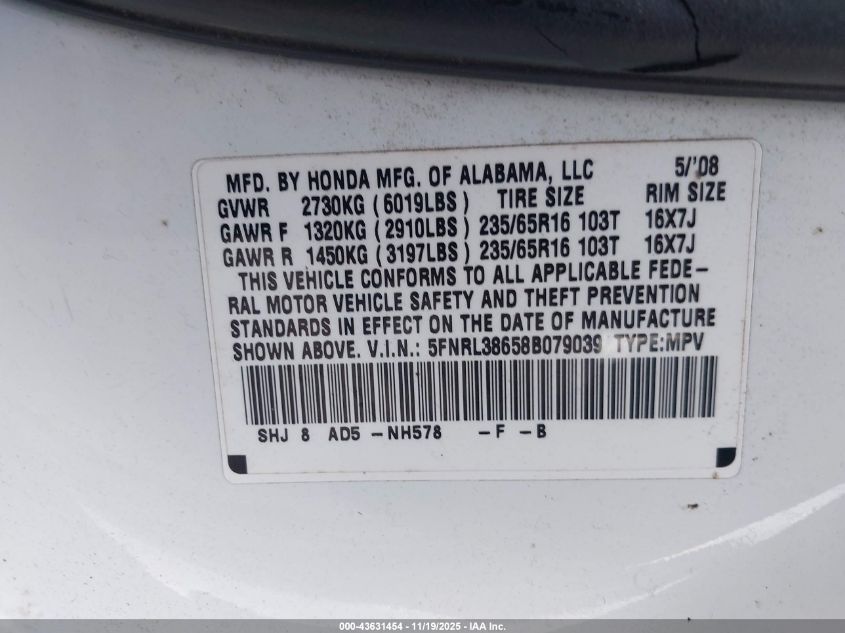 2008 Honda Odyssey Ex-L VIN: 5FNRL38658B079039 Lot: 43631454