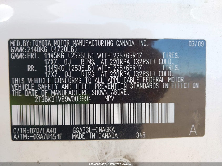 2009 Toyota Rav4 Limited V6 VIN: 2T3BK31V89W003994 Lot: 43631467