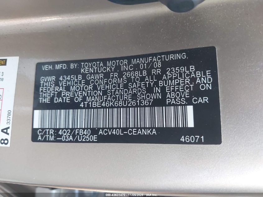 2008 Toyota Camry VIN: 4T1BE46K68U261367 Lot: 43631470