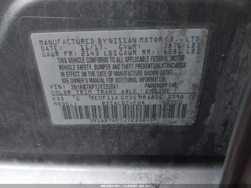 2018 Nissan Sentra S VIN: 3N1AB7AP7JY233841 Lot: 43631481