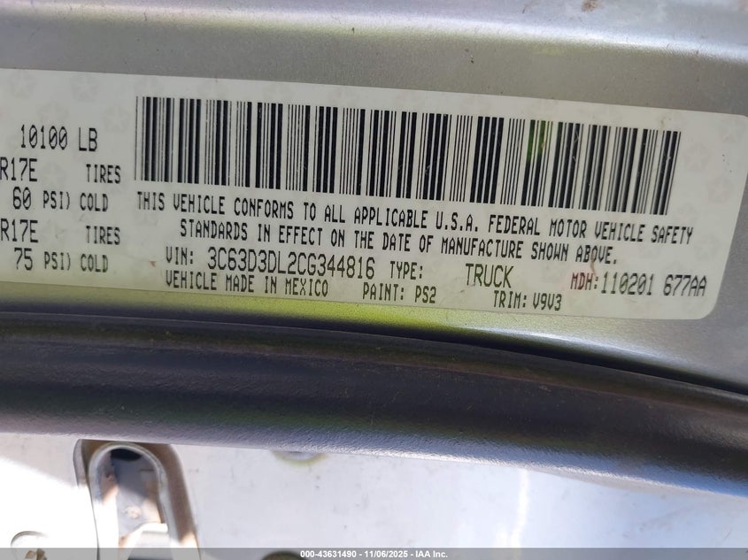 2012 Ram 3500 Slt VIN: 3C63D3DL2CG344816 Lot: 43631490