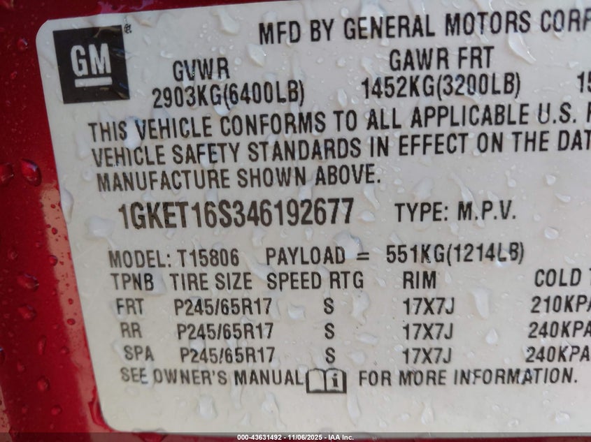 2004 GMC Envoy Xl Slt VIN: 1GKET16S346192677 Lot: 43631492